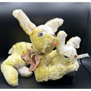 Vintage KRUEGER? Yellow Toy Bunny Easter Rabbit & Baby Plush Stuffed Animal 5M